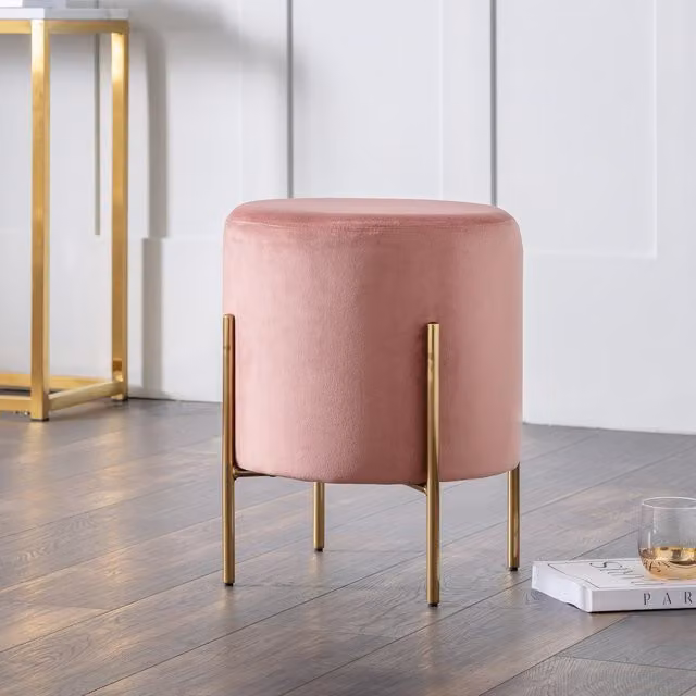 Julian Bowen Harrogate Pink Velvet Fabric Stool with Gold Metal Frame, W/D/H: 41.5 x 50.5 x 41.5 cm