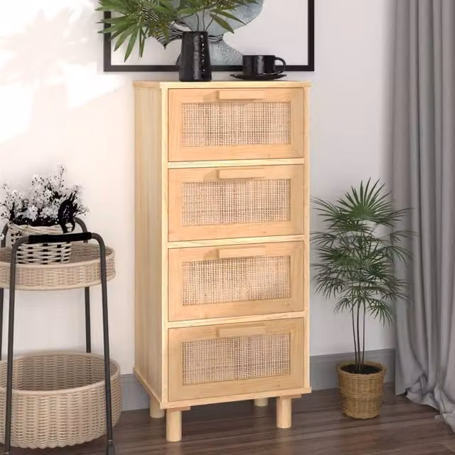 Berkfield Home Brown Scandinavian Sideboard in Solid Pine and Natural Rattan, W/D/H: 40 x 30 x 90 cm – 1
