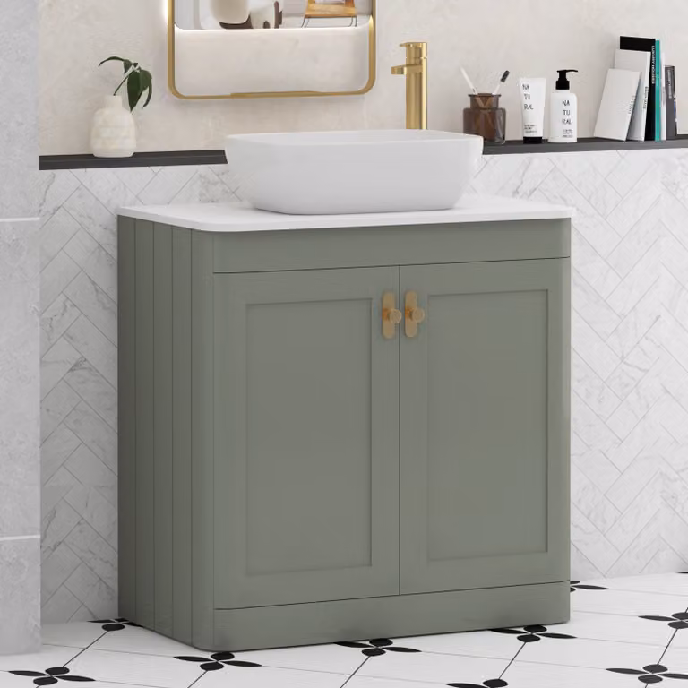 Royal Bathrooms Henley 800mm Sage Green Floor Standing 2 Door Vanity Unit with Plain White Worktop, Elva Basin and Brushed Brass Knob
