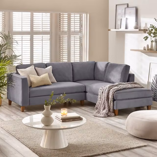 Furniturebox Foster L-Shaped Corner Living Room Sofa Set in Grey Velvet Fabric