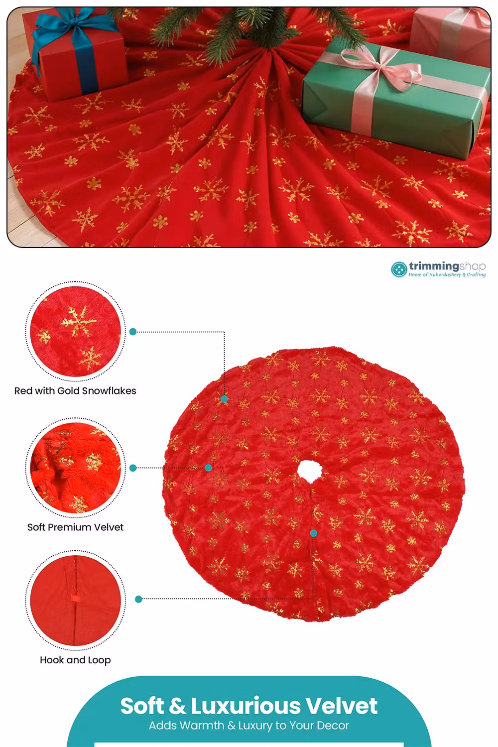Neel Blue Large Christmas Tree Skirt with Red and Gold Snowflake Design, 1m Diameter – 3