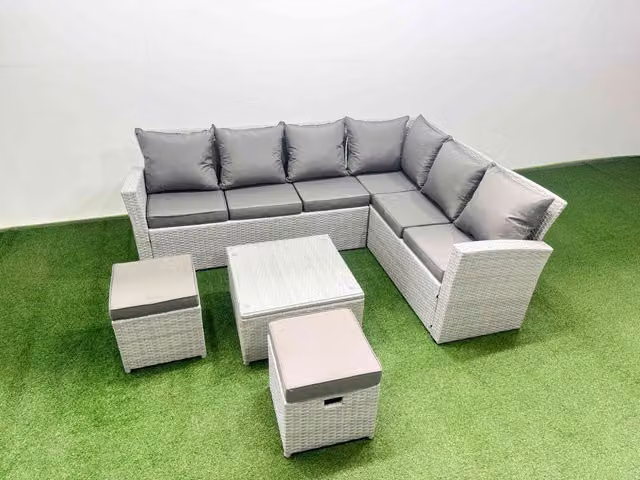 Fimous Garden 8 Seater L-Shape Outdoor Rattan Furniture Set in Light Grey with Upholstered Cushions and Ottoman