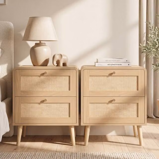 Merax Set of 2 Natural Oak Bedside Tables with Rattan Effect and Two Drawers