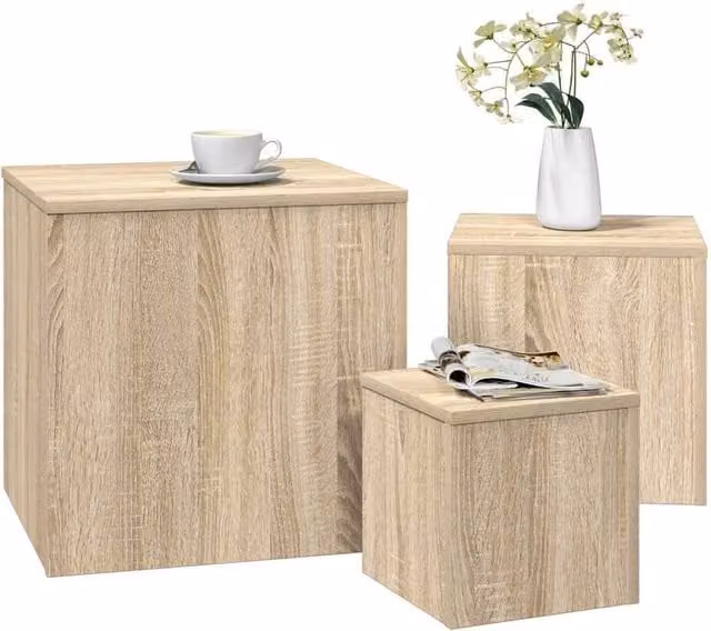 Berkfield Home Set of 3 Nesting Side Tables in Sonoma Oak and Beige Engineered Wood