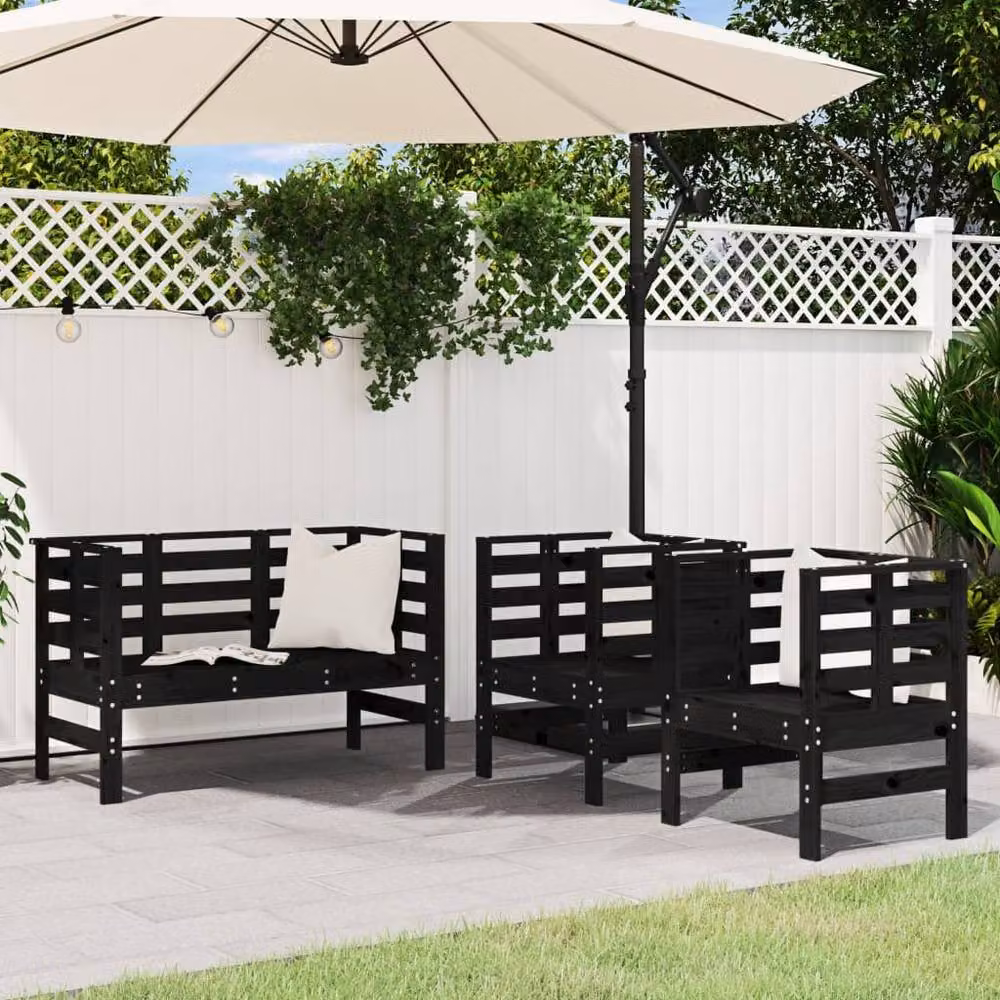Berkfield Home Beautiful 3 Piece Black Solid Pine Wood Garden Lounge Set with Cushions – 2