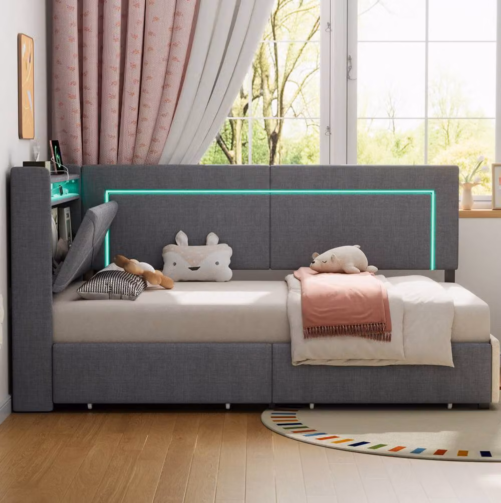 STILVORA Grey Single Day Bed with Storage, LED Lighting and USB Charging Port, W/D/H: 90 x 190 cm – 2