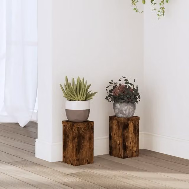 Berkfield Home Set of 2 Modern Square Tabletop Plant Stands in Brown Smoked Oak, W/D/H: 10 x 10 x 18 cm – 1