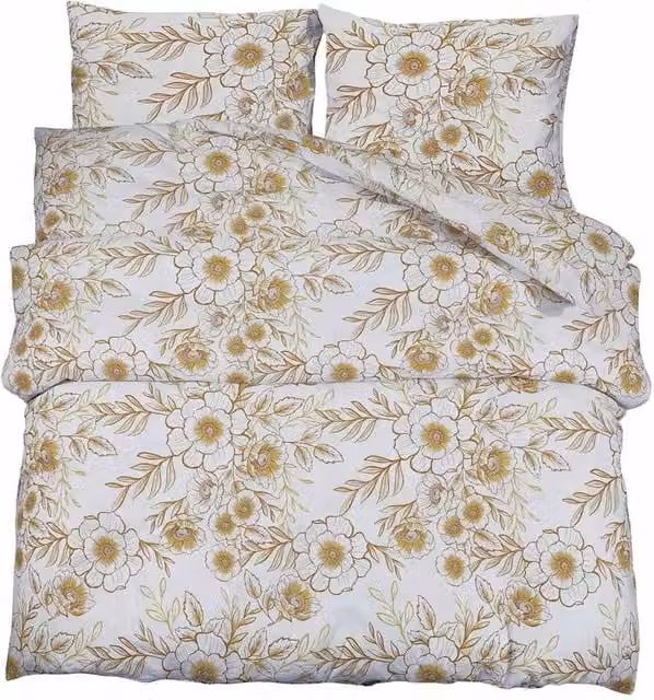 Berkfield Home Floral Cotton Duvet Cover and Pillowcase Set in White and Brown, W/H: 140 x 200 cm