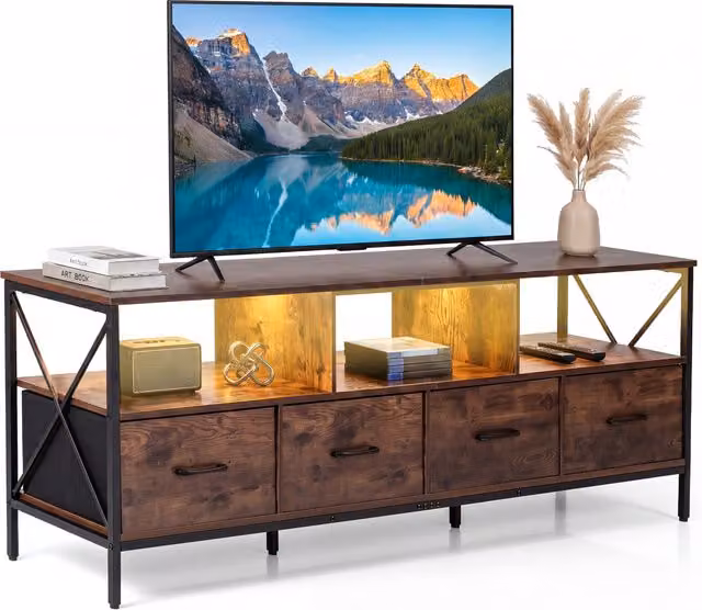 COSTWAY Industrial Extra Long TV Stand with Integrated Lighting in Brown