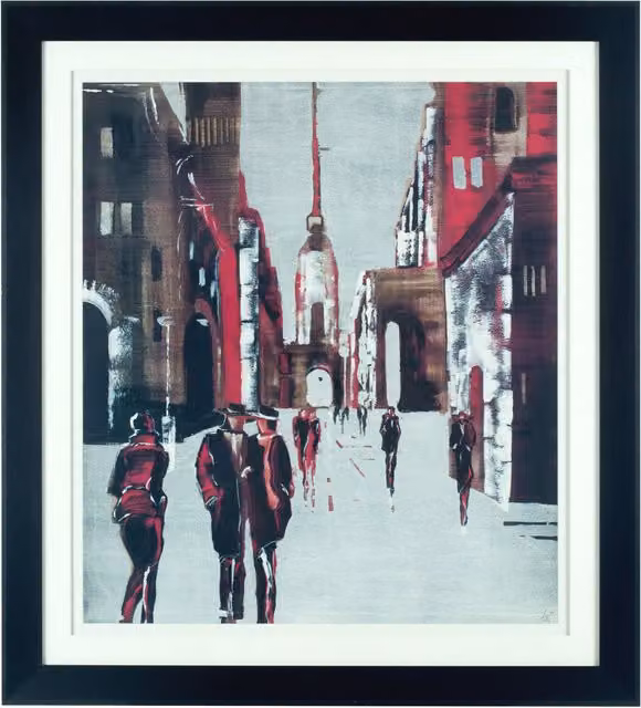 Orsina Vintage Style City Illustration Framed Wall Art in Black, Multicolour Rectangular Hanging Picture