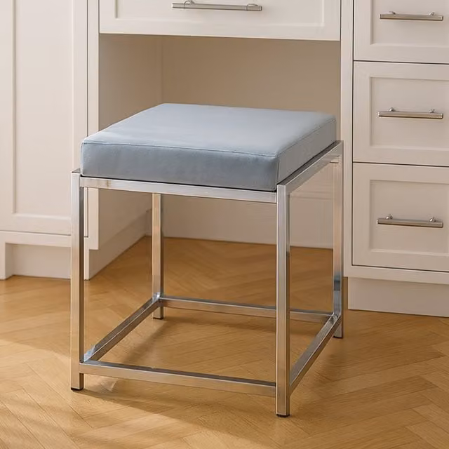 Orsina Powder Blue Velvet and Silver Rectangular Stool with Metal Base – 1