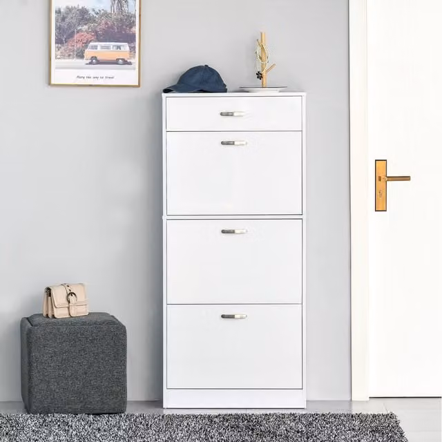 HOMCOM White Glossy Shoe Cabinet with 4 Drawers and Tilting Compartments for 18 Pairs