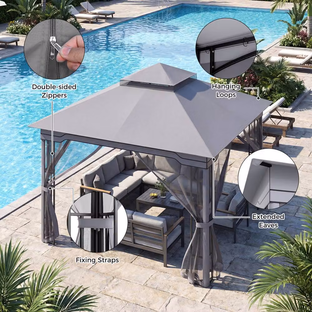 Costway Double Roof Soft Top Patio Gazebo with Zippered Mesh Netting, Grey, W: 330 cm, D: 330 cm, H: 280 cm – 3