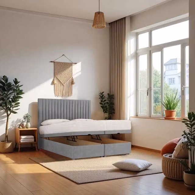 Knight Sleep Emily King Size End Opening Ottoman Bed with Hybrid Mattress and 24 inch Headboard in Silver Grey