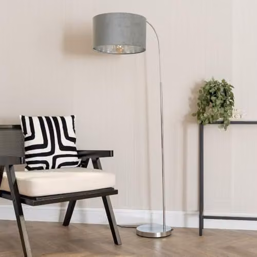 ValueLights Curva Arc Floor Lamp in Chrome with Grey Velvet and Chrome Inner Shade, H 150 cm x W 35 cm x D 35 cm – 2