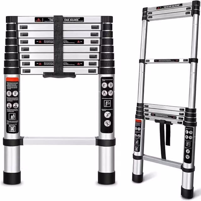 Dyzi 2.6m Telescopic Stainless Steel Extension Ladder in Silver with Rubber Feet