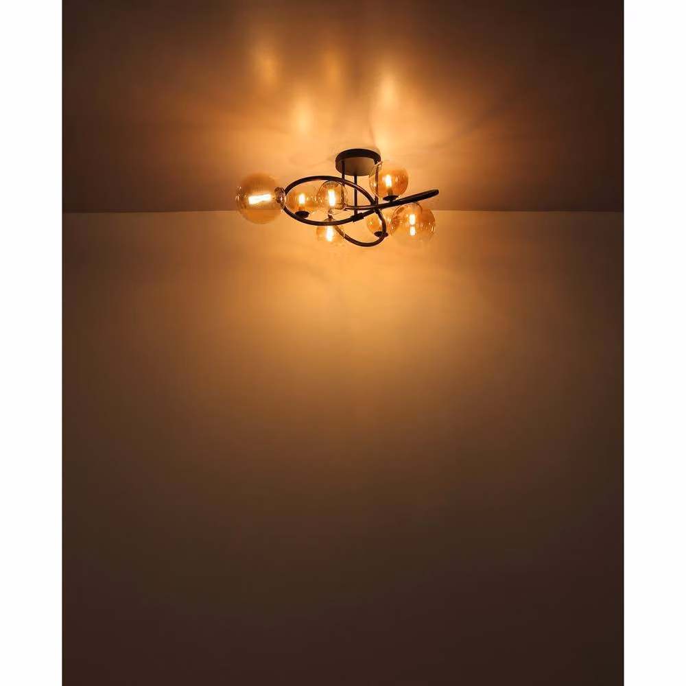 Netlighting Tuberius Multi Arm Semi Flush Ceiling Light in Black with Amber Glass Spheres for 7x G9 Bulbs – 5