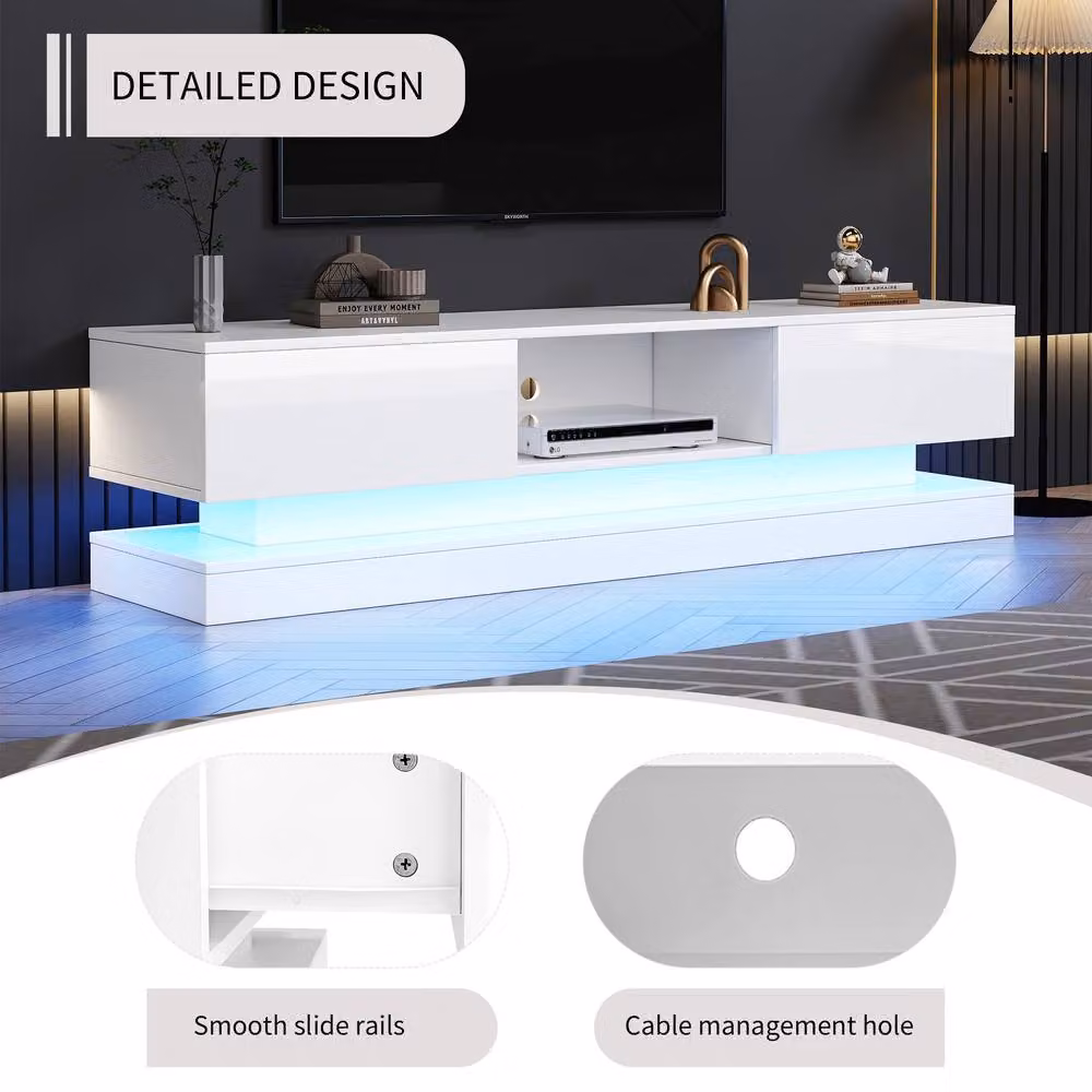ModernLuxe High Gloss White TV Cabinet with LED Lights and 2 Drawers – 6