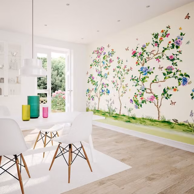 Origin Murals Oriental Floral Flower Tree Wall Mural in Beige, White and Multicolour