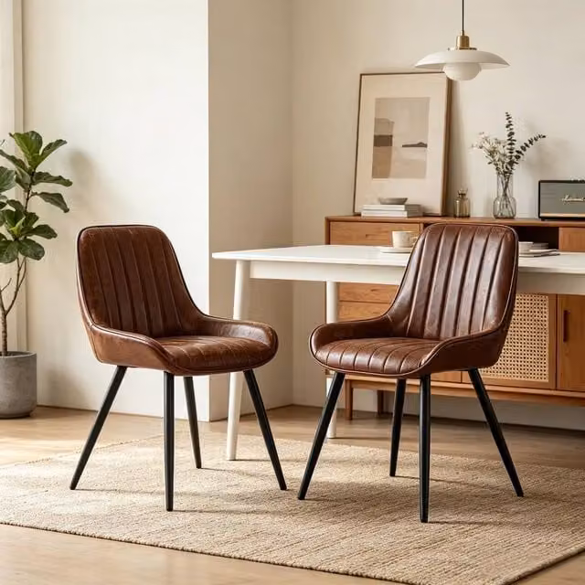 Merax Set of 2 Modern Upholstered Faux Leather Dining Chairs with Metal Legs in Brown