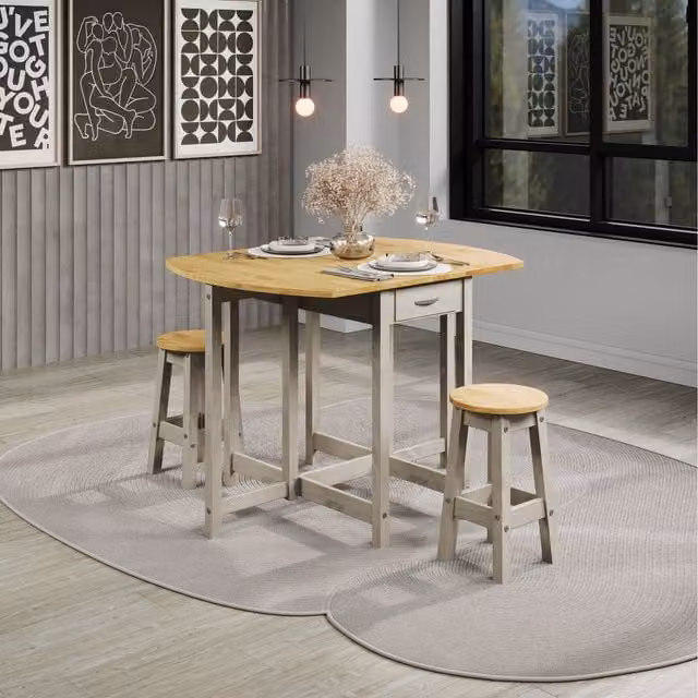 Corona Grey Oval Drop Leaf Gateleg Breakfast Table and 2 Stool Set in Grey Washed Waxed Pine