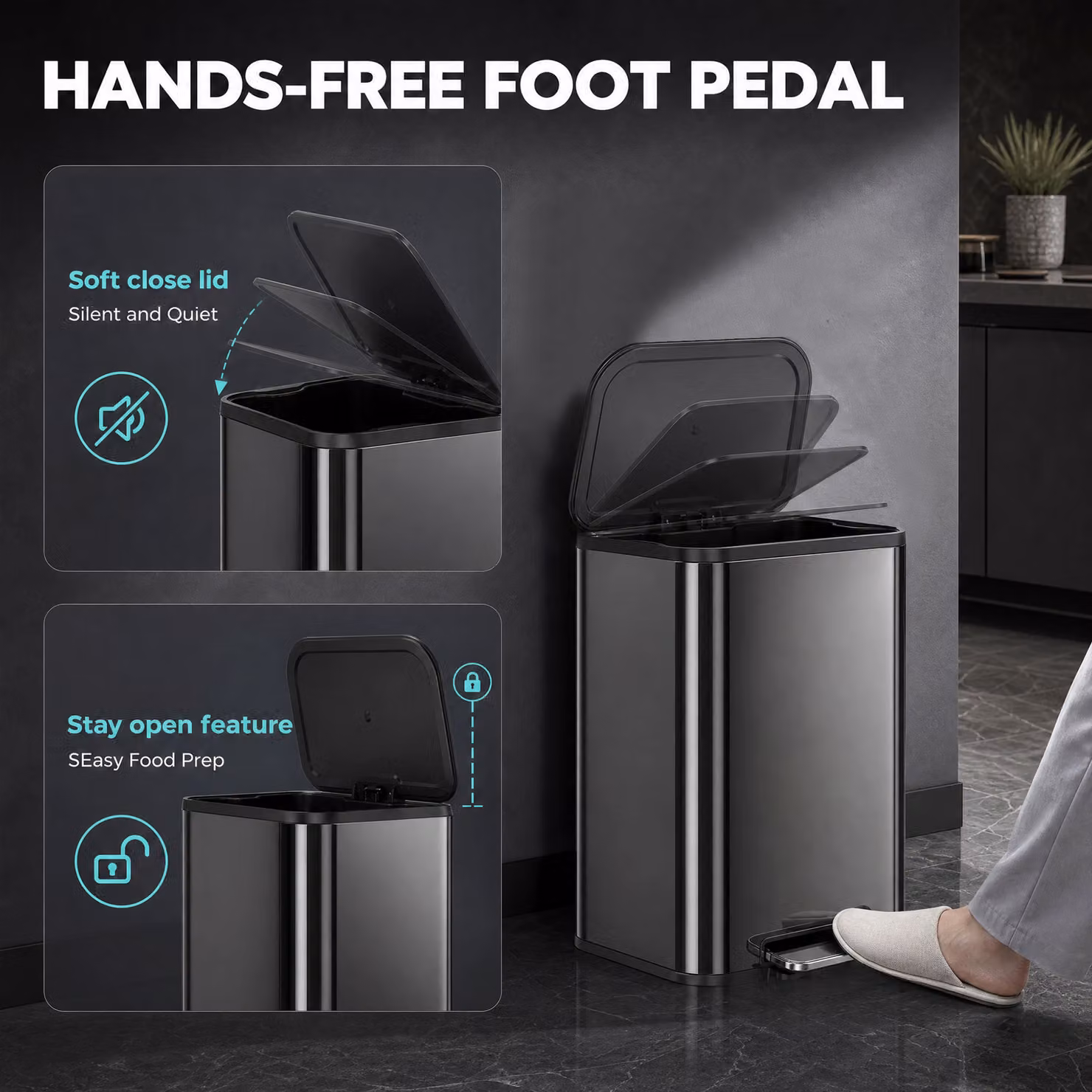HOMCOM 50L Metal Kitchen Pedal Bin with Soft Close and Removable Inner Bucket, High Gloss Black – 3
