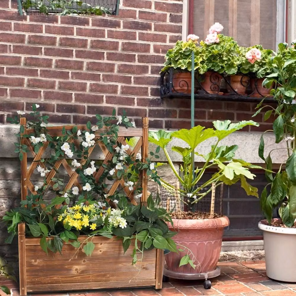FLAVORA Brown Wood Lattice Trellis Window Box Planter, W/D/H: 76 x 64 x 28 cm – 4