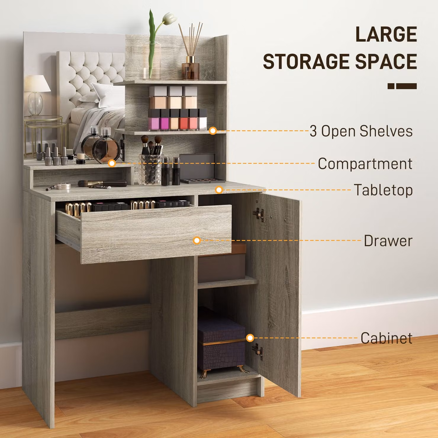 HOMCOM Dressing Table and Stool Set with Storage in Brown Wood Finish, W/D/H: 136 x 80 x 132 cm – 4