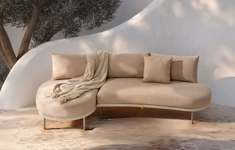 MINT Essentials Kiki Beige 3-Seater L-Shape Outdoor Chaise Sofa with UV-Resistant Olefin Cushions and Powder-Coated Aluminium Frame