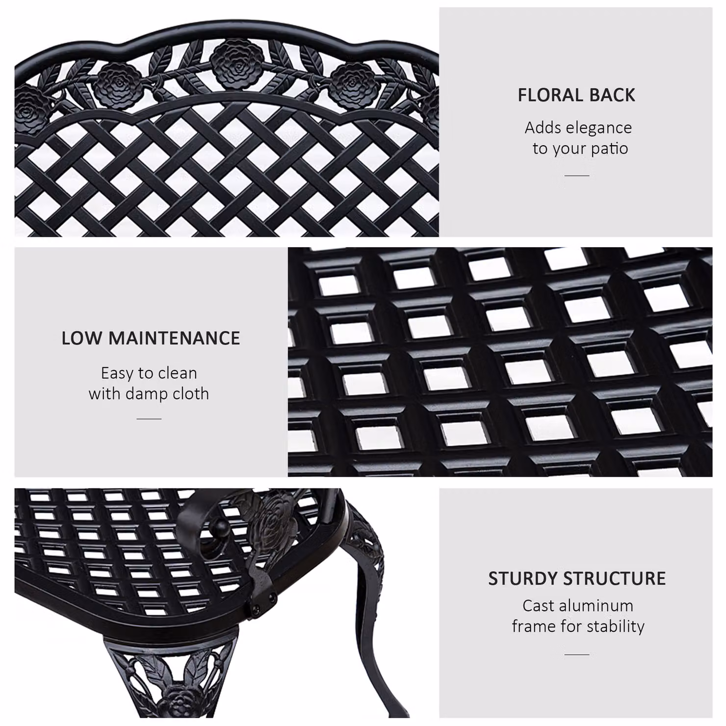 Outsunny Antique Style 2 Seater Cast Aluminium Garden Bench with High Back and Armrests, Black – 5