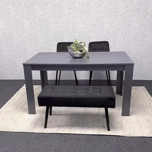 KOSY KOALA Modern Dining Set with Rectangular Dark Grey Table, 2 Black Velvet Chairs and 1 Velvet Bench, W/D/H: 140 x 80 x 75 cm – 3
