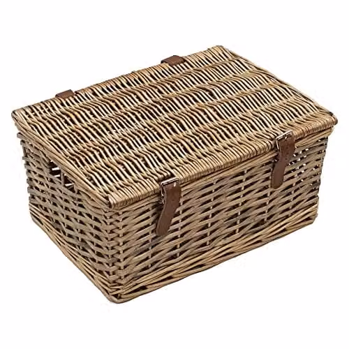 JVL Handmade Small Buff Wicker Hamper with Faux Leather Straps in Beige and Brown, W/D/H: 40.5 x 29.0 x 19.0 cm
