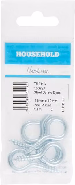 Hiatt Galvanised Steel Screw Eyes, Silver, 45 x 10 mm