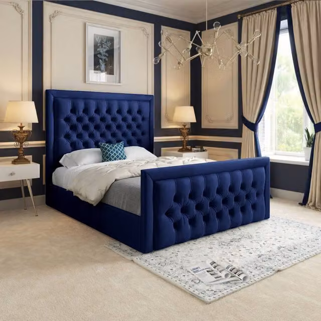 KDMD Ugborough Blue Velvet Upholstered Designer Bed Frame, W/D/H: 120 x 200 cm – 1