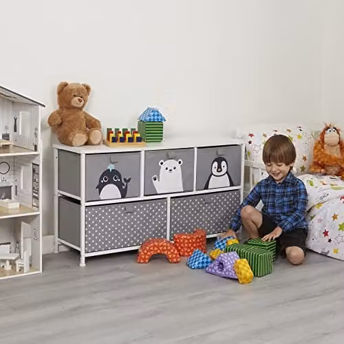 Liberty House Toys Arctic Kids 5 Drawer Storage Unit in Grey and White, H55.0 x W100.0 x D30.0 cm