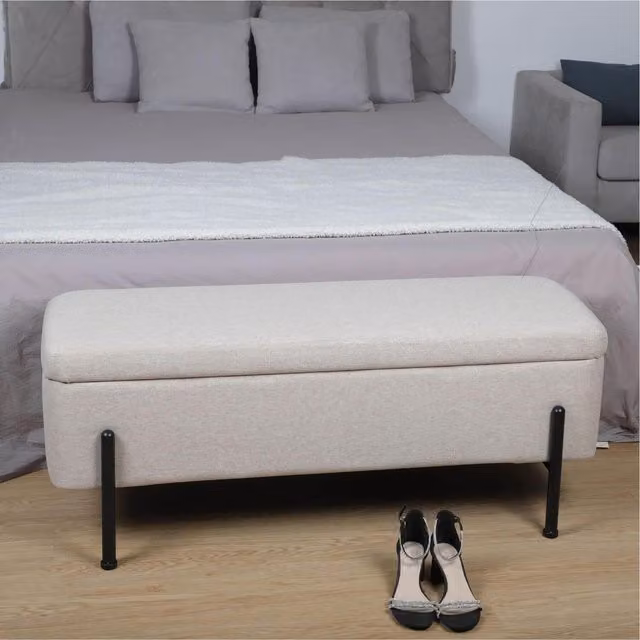 Home Source Oasis Ottoman in Off White Polyester Linen Fabric with Black Metal Legs