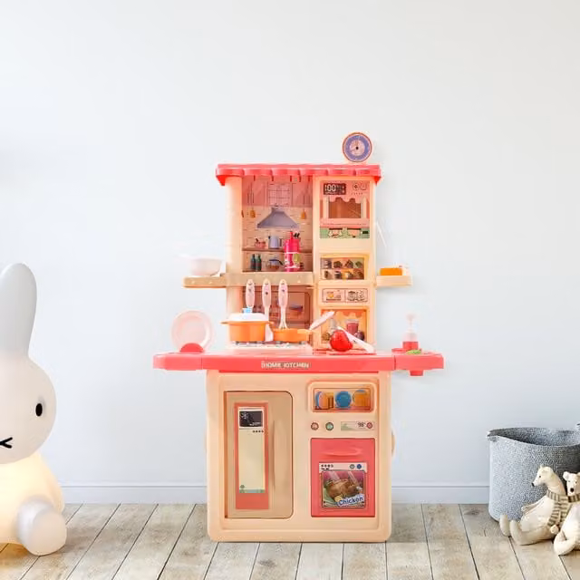 Komore Pink Plastic Toddler Kitchen Toy Playset with Real Sounds and Lights