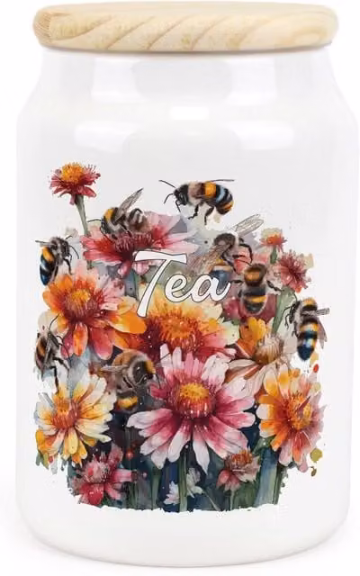 Purely Home Flowers & Bees Ceramic Tea Storage Canister in Yellow and White Floral Design