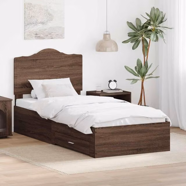 Berkfield Home Modern Bed Frame with Headboard in Brown Oak, Engineered Wood, W/D/H: 190 x 70 x 32 cm – 1