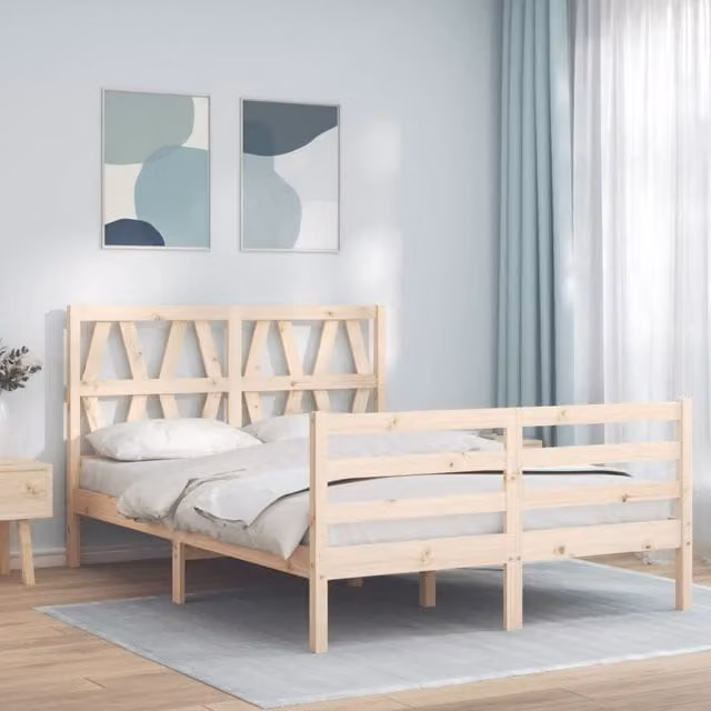 Berkfield Home Solid Wood Pine Bed Frame with Headboard in Brown, W/D/H: 140 x 190 cm