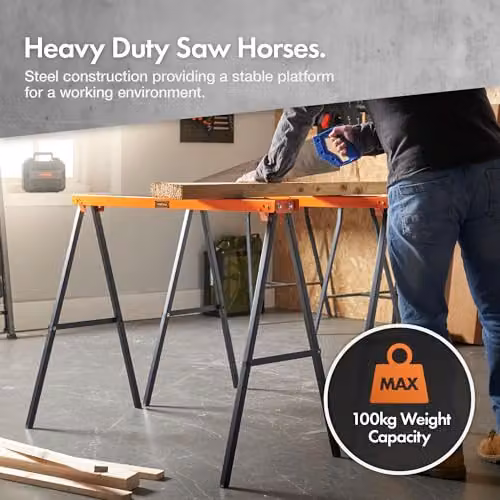 VonHaus Foldable Steel Saw Horse Twin Pack in Black and Orange with 200kg Weight Capacity – 2