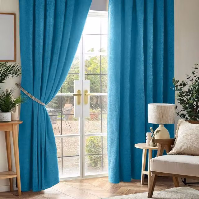Livinluxury Petrol Chenille Blackout Pencil Pleat Top Curtains, Height: 229 cm