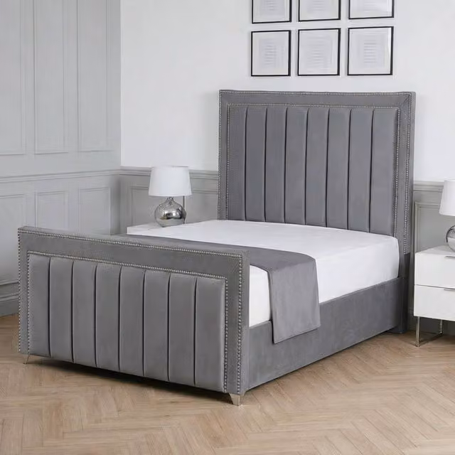 Living Comfort Bedz Royale Plush Velvet Upholstered Super King Bed with Slatted Base and 48 Inch Headboard in Grey, W/D/H: 200 x 200 cm