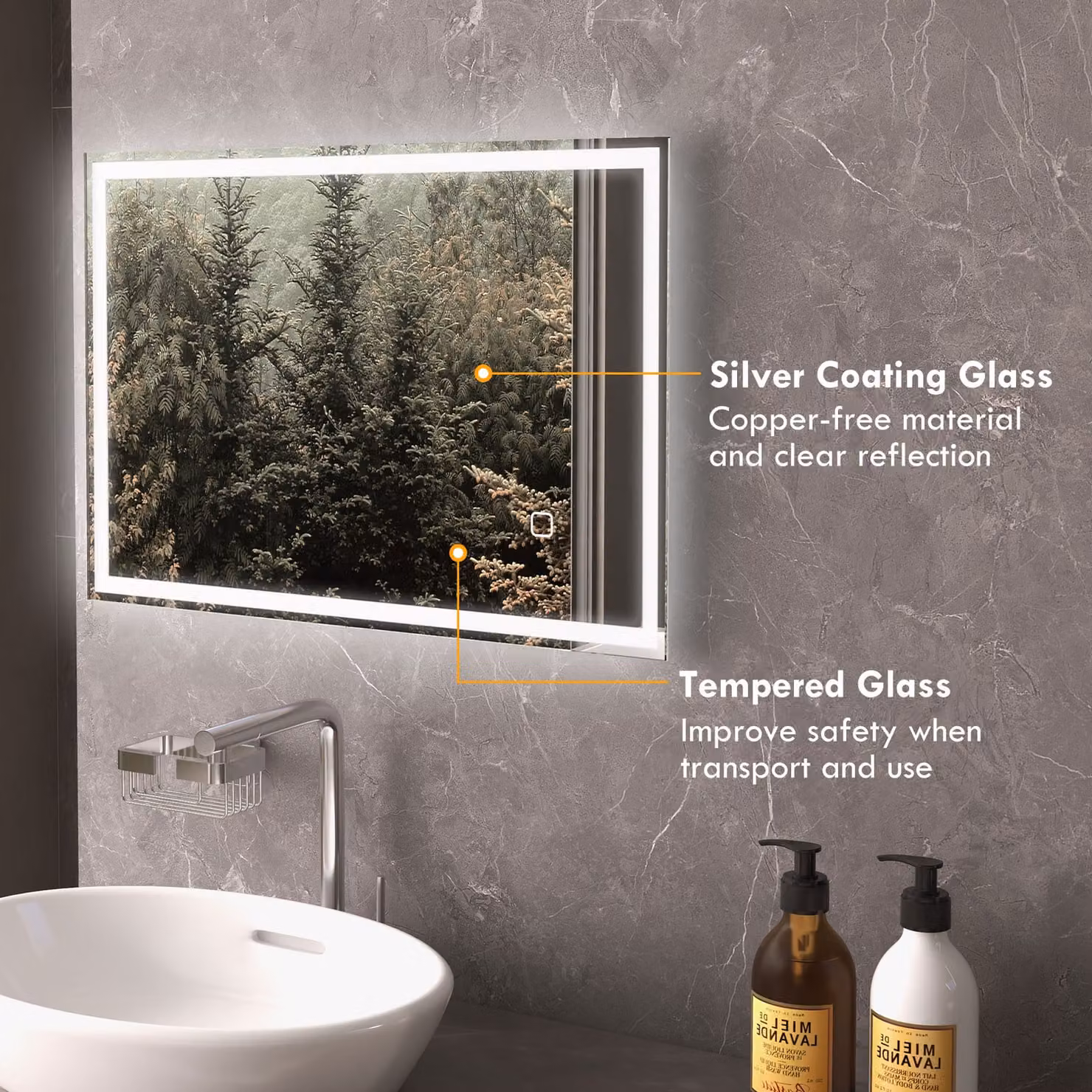 HOMCOM LED Bathroom Mirror with Dimmable Lights, 3 Colour Smart Touch Anti-Fog Vanity Mirror, W: 70 cm, H: 70 cm, White/Silver – 5
