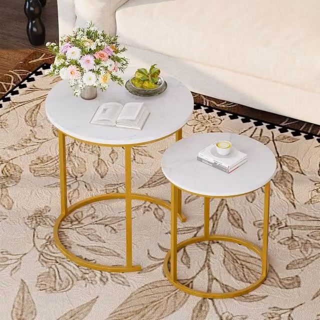 Huhote Round Nesting Coffee Tables Set of 2 with White Marble Finish Tops and Gold Metal Frames