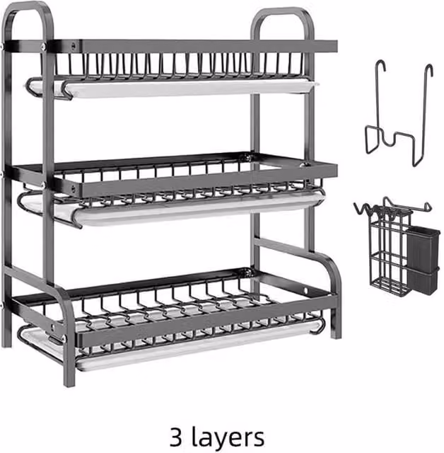 FLAVORA 3 Tier Kitchen Dish Drying Rack in Black with Glass and Metal Construction and Drip Tray