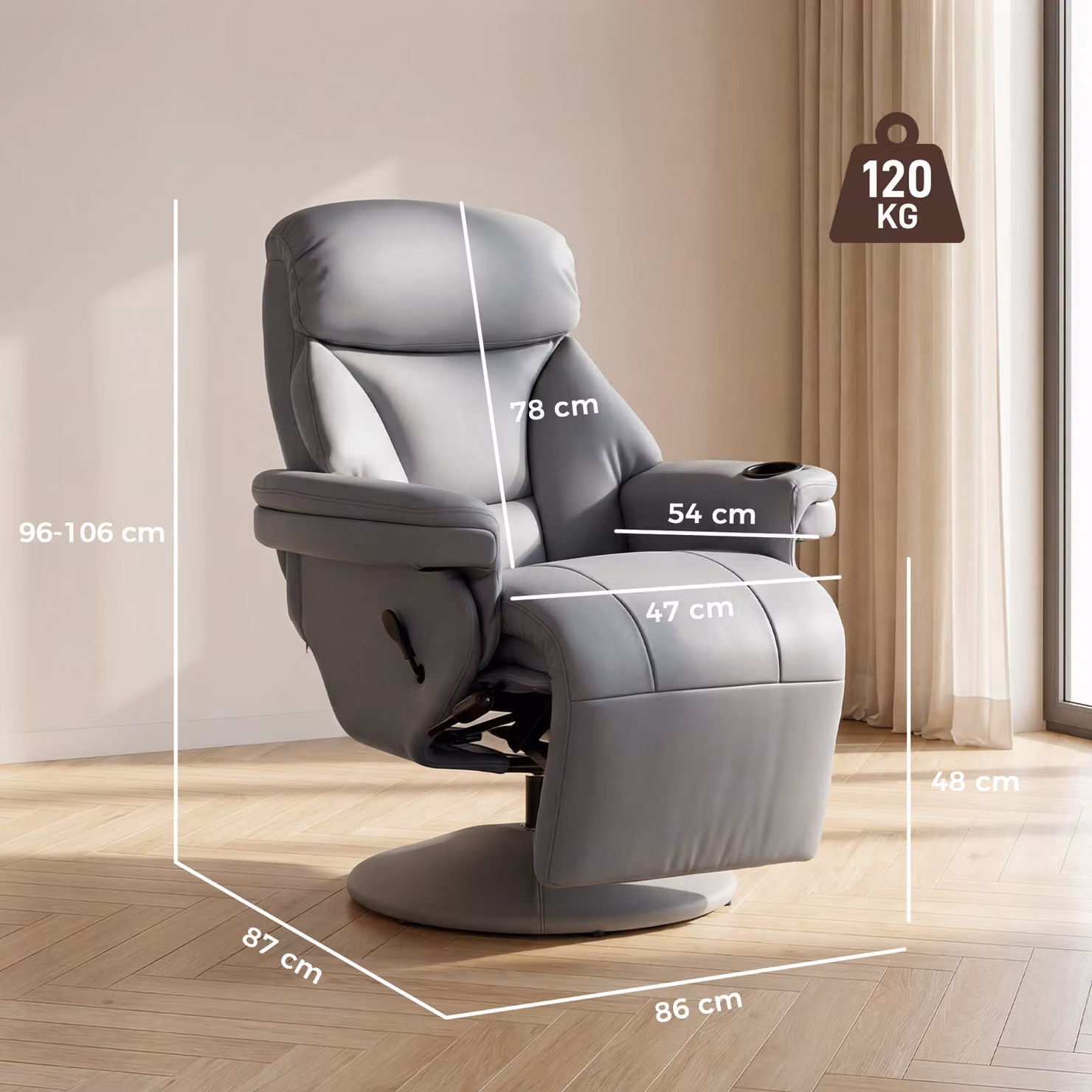 HOMCOM Grey Upholstered Manual Reclining Armchair with Synthetic Leather and Metal Frame – 3