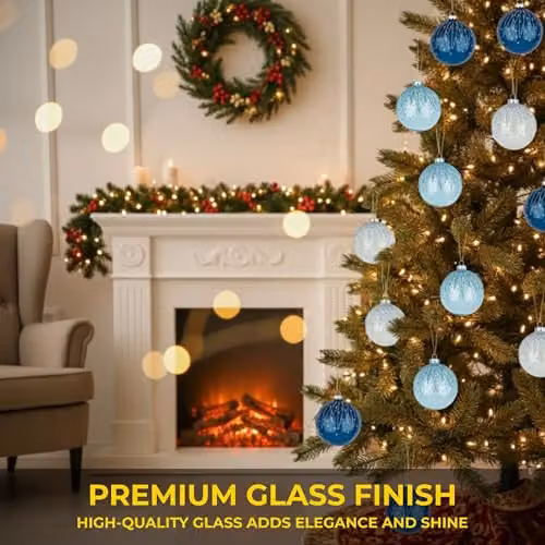 Shatchi 12-Piece Set of Blue and White Glass Christmas Baubles, 8 cm Round Hanging Ornaments – 4