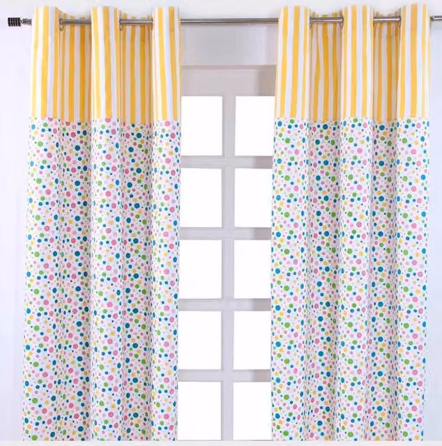 Homescapes Polka Dot Cotton Eyelet Curtain Pair in Blue, Yellow and White, Width: 140 cm, Drop: 183 cm