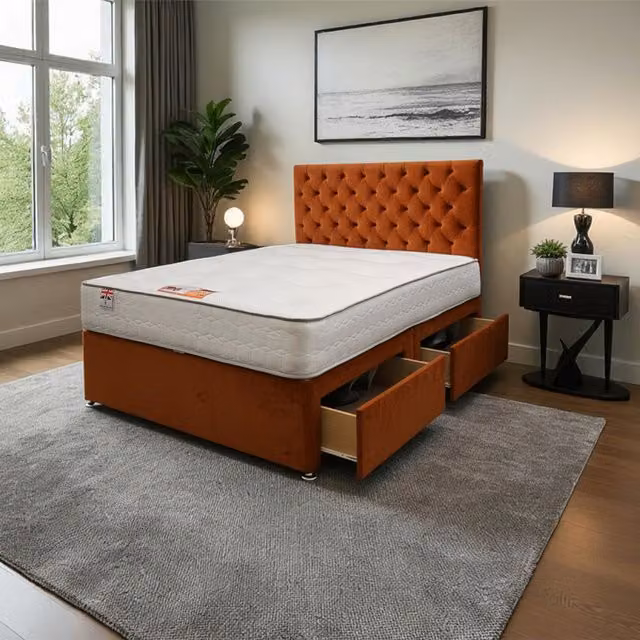 Knight Sleep Athens Plush Bed Set with Mattress and 24 inch Headboard in Orange, W/D/H: 140 x 200 cm